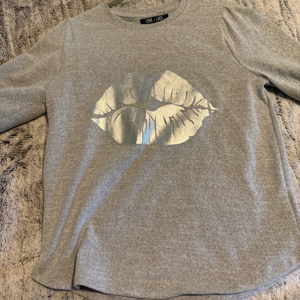 Gray Sweater with Silver foil Lip Print